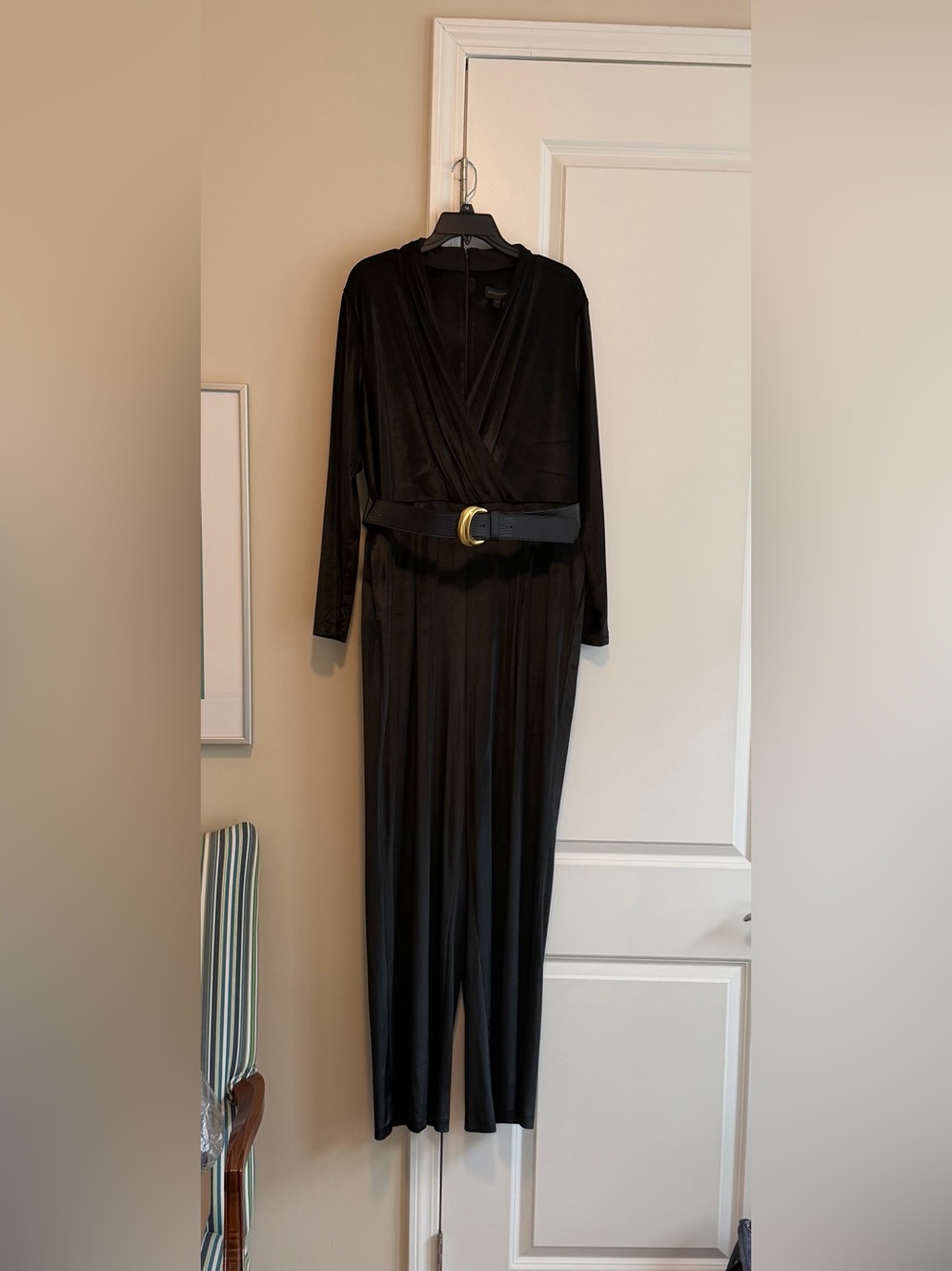 NWT Donna Karan Black Long-Sleeve Wrap Jumpsuit with Gold Buckle Belt